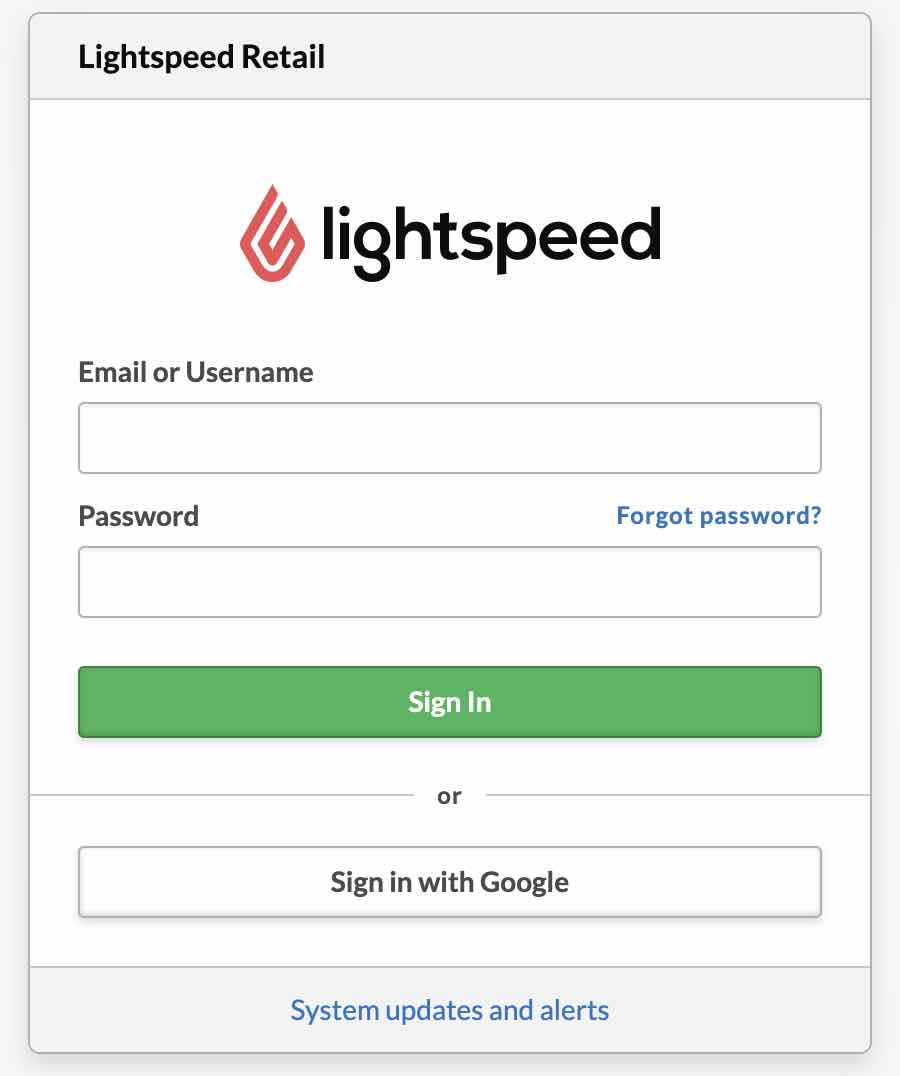 Lightspeed retail sign in with boxes for username or email and password, with Sign In with green background