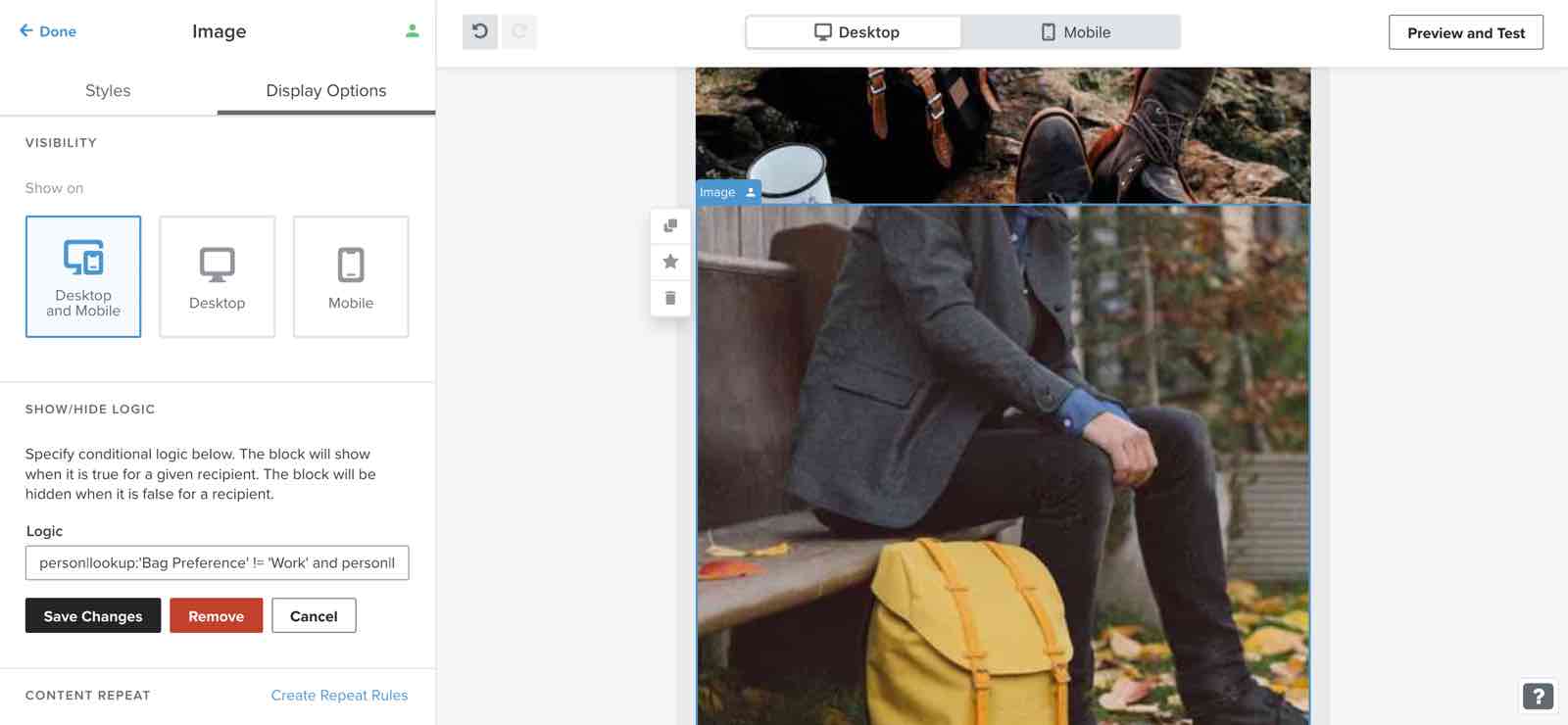 An image block set to show to recipients who aren't interested in using their bag for work or the outdoors