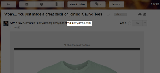 Inside an email inbox showing an example of an email sent from the via klaviyo sending domain