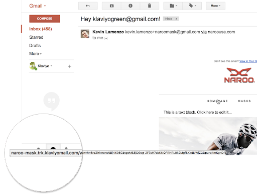 Example of an email that shows when hovering over links as klaviyo link tracking