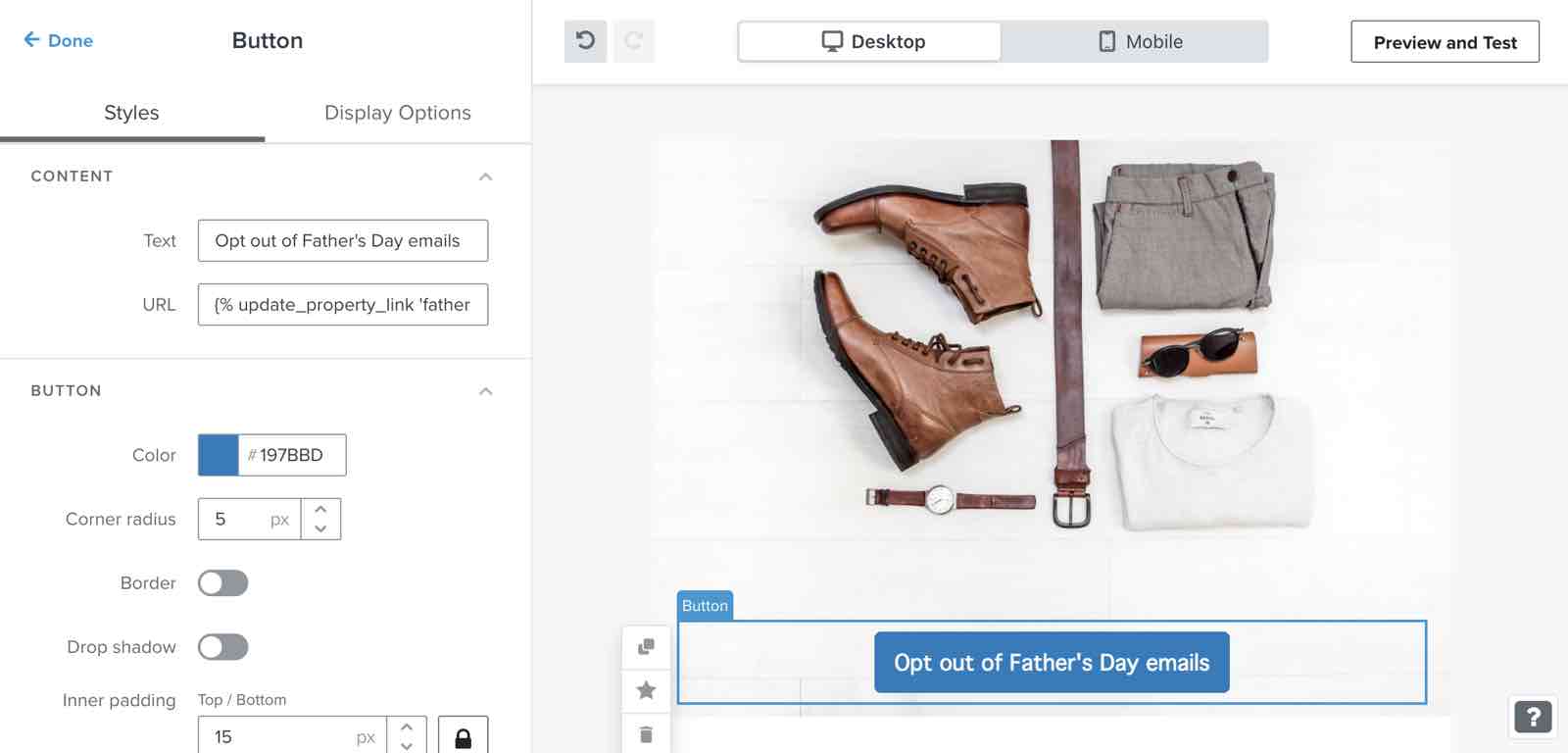 A Klaviyo email template with a Father's day opt out button