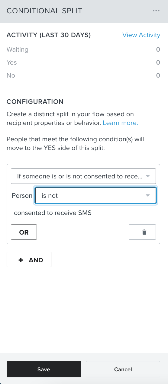 Setting the conditional split to divide recipients based on their SMS opt-in status