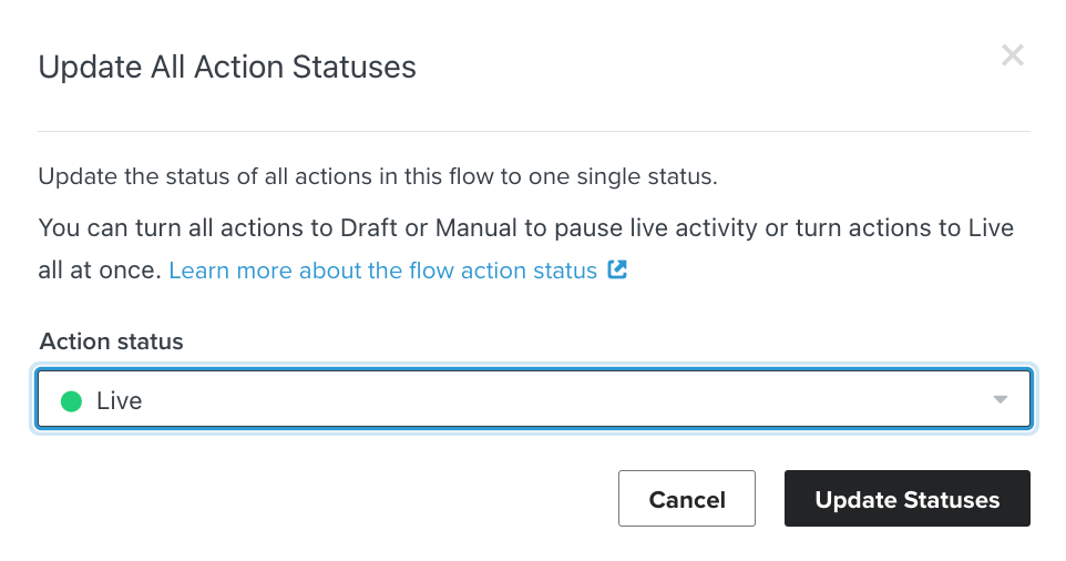 Modal to update all flow action statuses when Live is selected