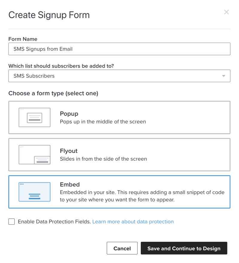 The modal to create a new signup form
