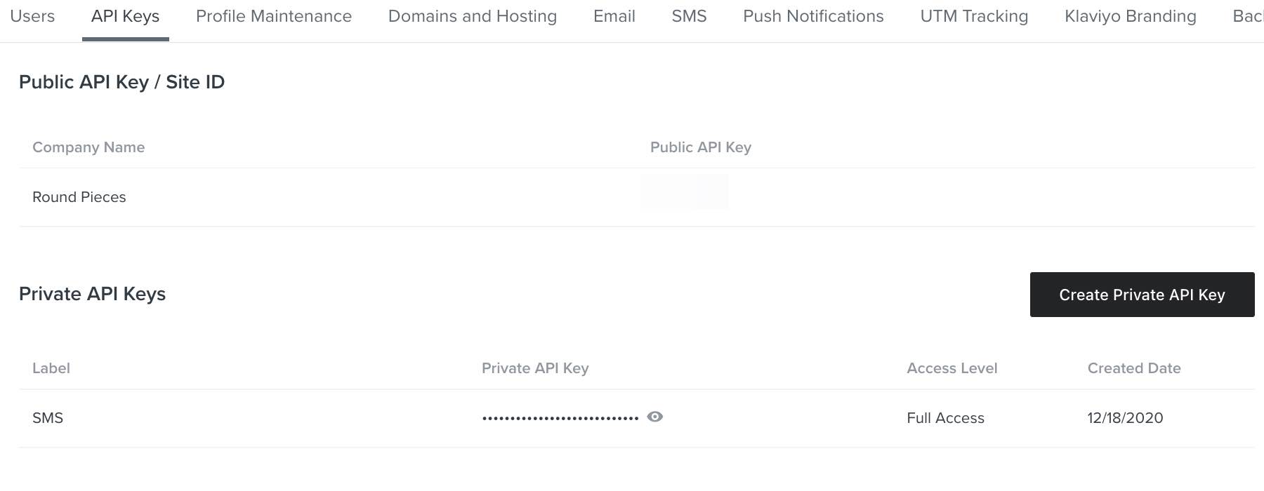 Klaviyo API keys tab showing public and private keys, and Create Private API Key with arrow and blue background