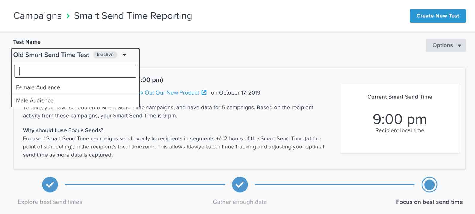 The Smart Send Time reporting page in Klaviyo