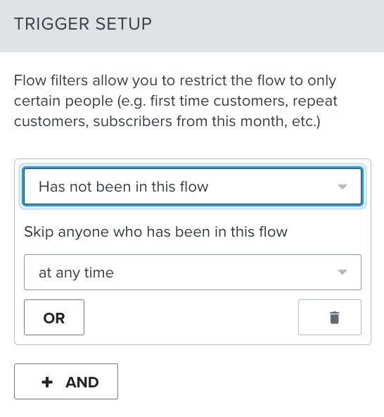 Trigger setup with configuration 'Has not been in this flow at any time'