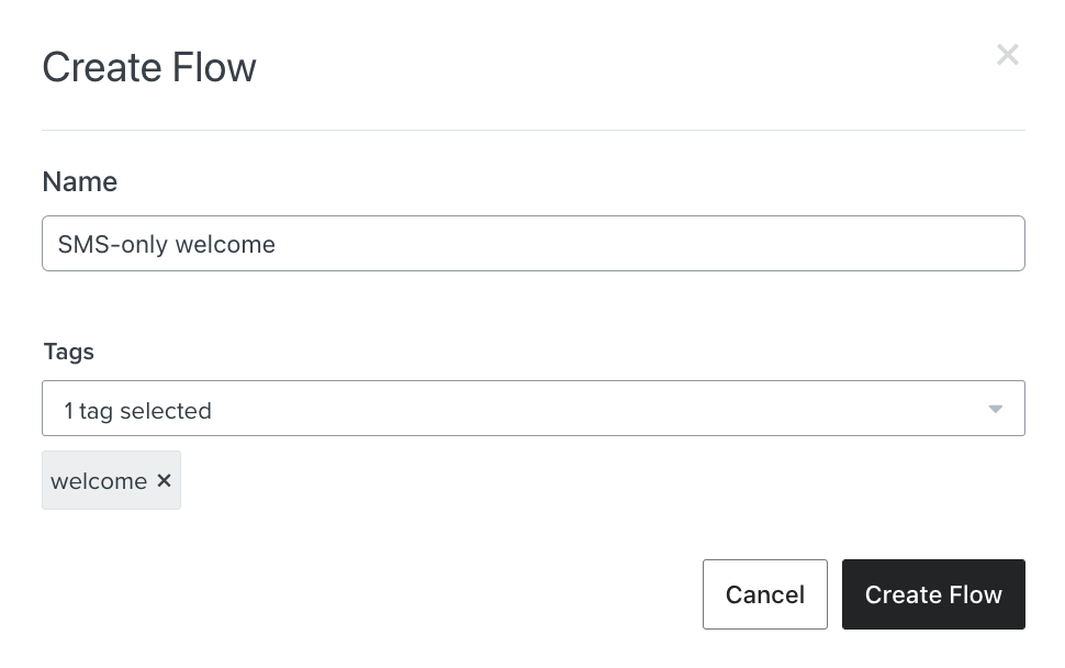 Create Flow modal with name 'SMS-only welcome' and tag 'welcome'