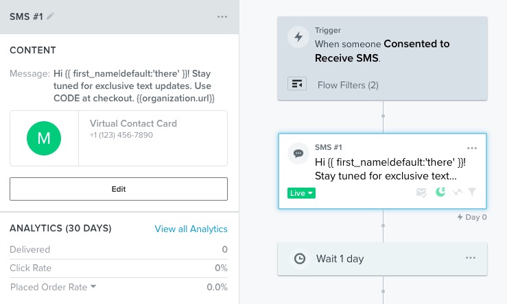 Flow triggered by 'When someone Consented to Receive SMS' with only SMS actions in the flow