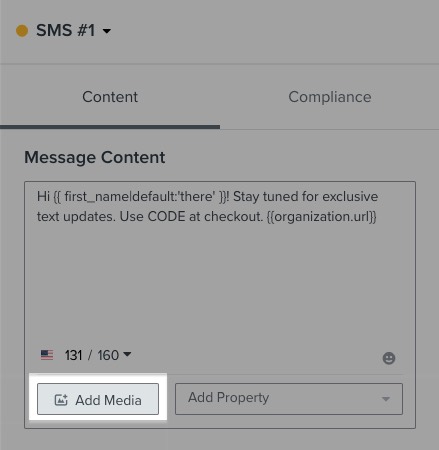 Add Media button highlighted at the bottom of the SMS editor Message Content box