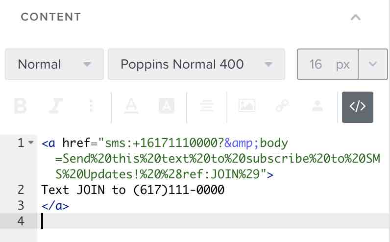 The code for a click to text banner in an email