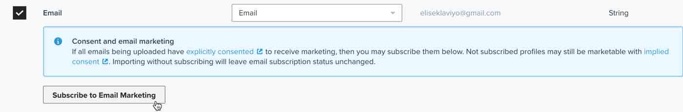 The subscribe to email marketing button in Klaviyo's list upload tool