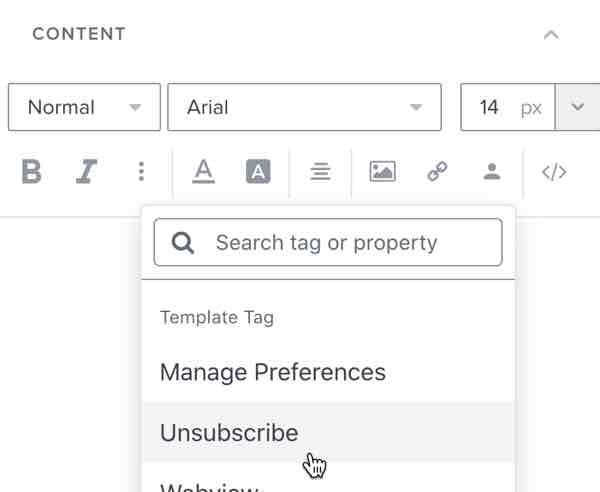 Add the unsubscribe tag to a text block using the Add Personalization option in the Klaviyo email template editor