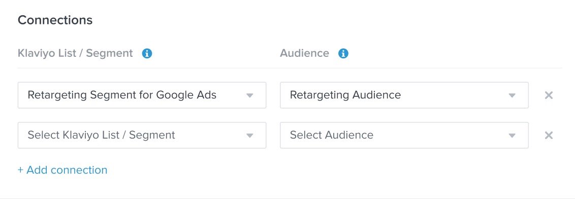 Google Ads connection settings in Klaviyo showing option to connect Klaviyo list/segments with Google Ads audiences