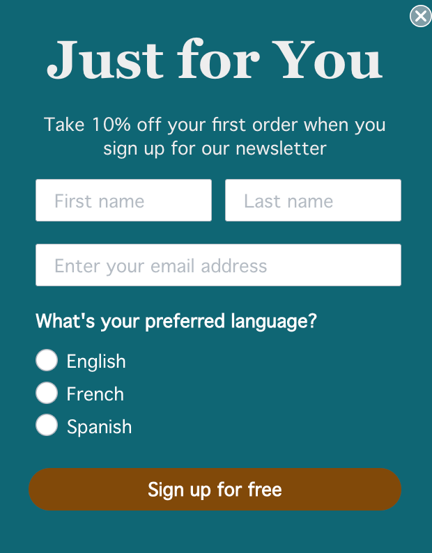 Example of a signup form with options for someone to select their preferred language