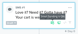 SMS action in the flow builder with the cursor hovering over the Smart Sending icon