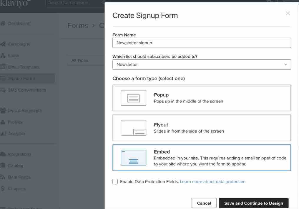 create a signup form modal showing embed form selecteed as form type