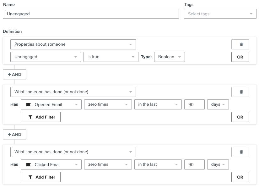 Example of an unengaged segment that checks to see if a profile has Unengaged property set to true