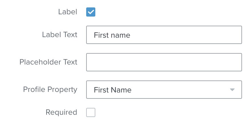text input block showing first name written in the textboxes for label and profile property