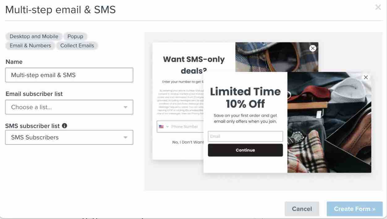 The modal that pops up when you select to use a multi-step form which allows you to select two separate lists for email and SMS subscribers.