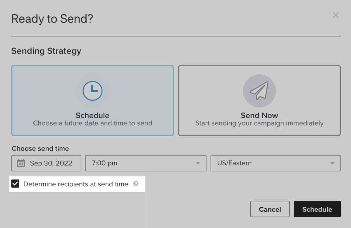 The determine recipients at send time setting is toggled on