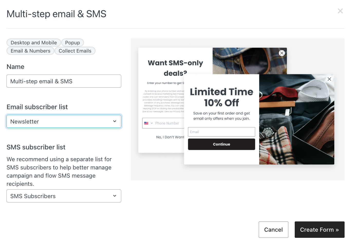 Choosing the lists that a form adds new email or SMS subscribers to
