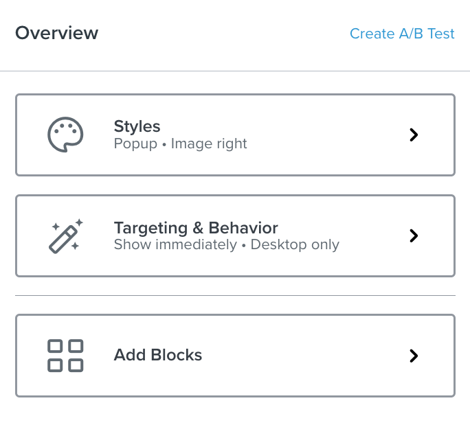 The main 3 tabs for a Klaviyo form, Styles, Targeting &
          Behavior, and Add Blocks