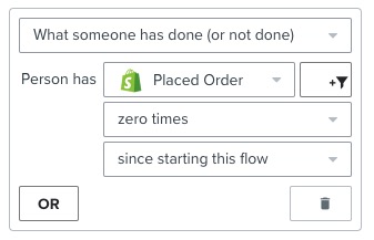 Flow figure configuration set to 'Placed Order zero times since starting this flow'