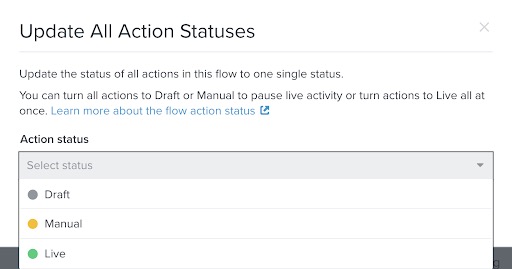Update All Action Statuses modal with a dropdown showing each status