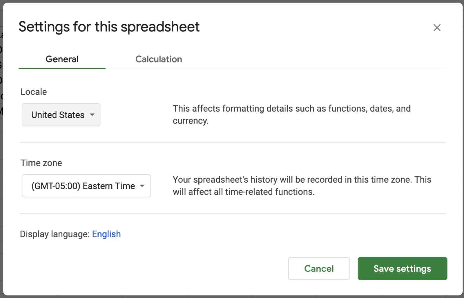 Google Sheets' setting modal