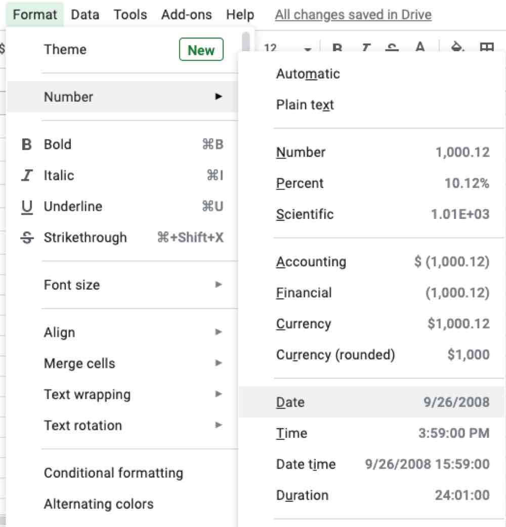 The date formatting option in a dropdown menu in Google Sheets