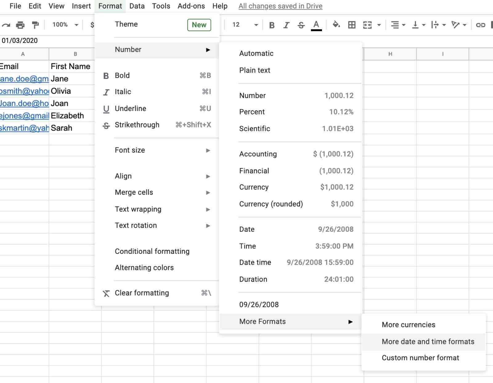 The option to further customize dates in Google Sheets