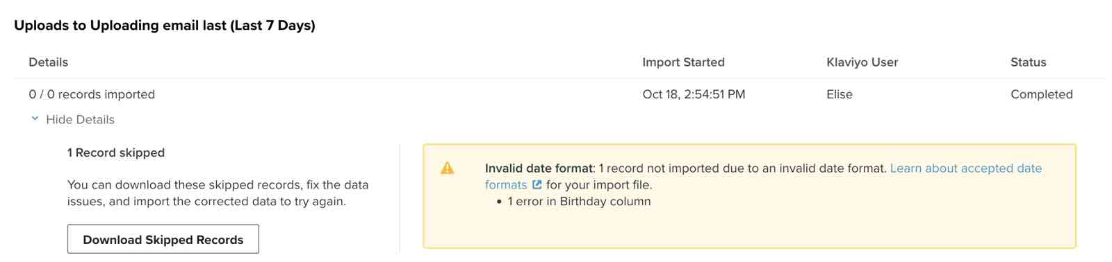 An invalid date format error message in the list upload process