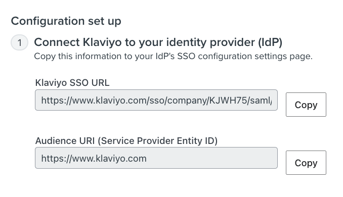 SSO configuration page showing where you can copy the Klaviyo SSO URL and Audience URI