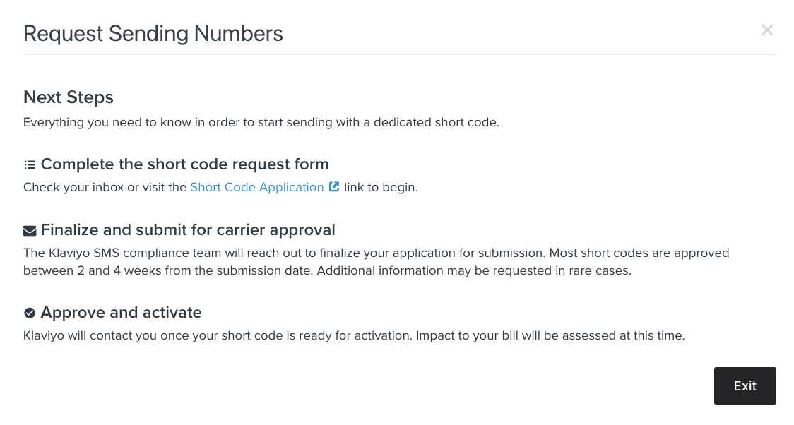 Modal to open the short code application with information on the process