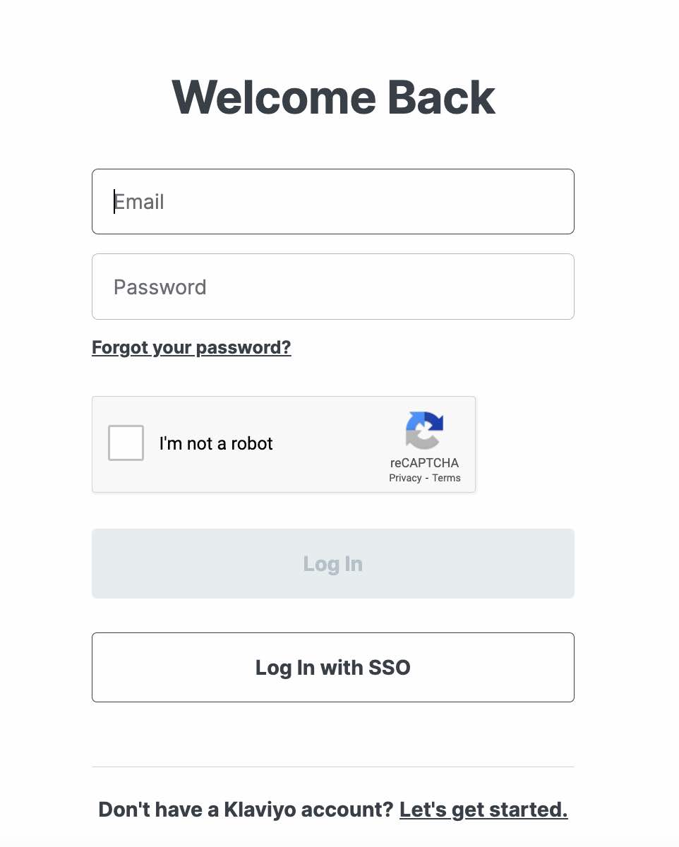 Klaviyo login page, where you can request a temporary password