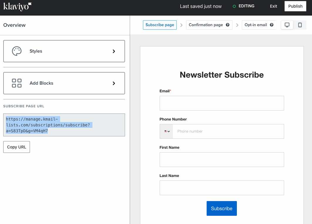 subscribe page editor showing the options to edit styles or add blocks to a form, or to copy the subscribe page URL