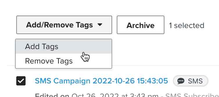 The Add Tags menu in the campaigns list view
