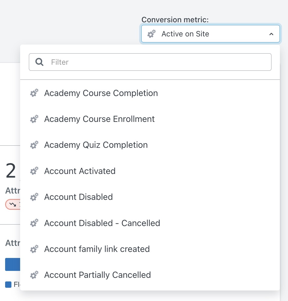 Conversion metric dropdown with options for different metrics in list